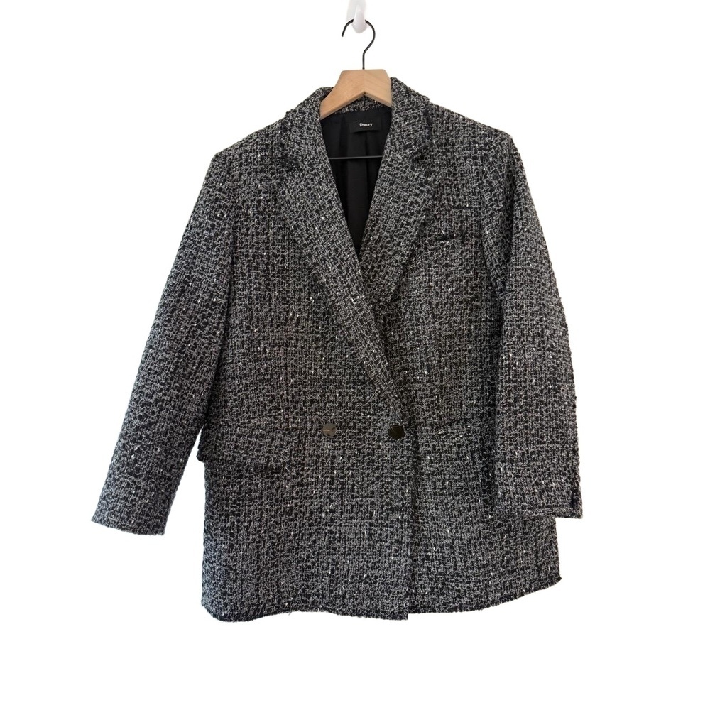 Theory Jacket Womens Double-Breasted Tweed Frayed Hem Black White size 10 EUC
